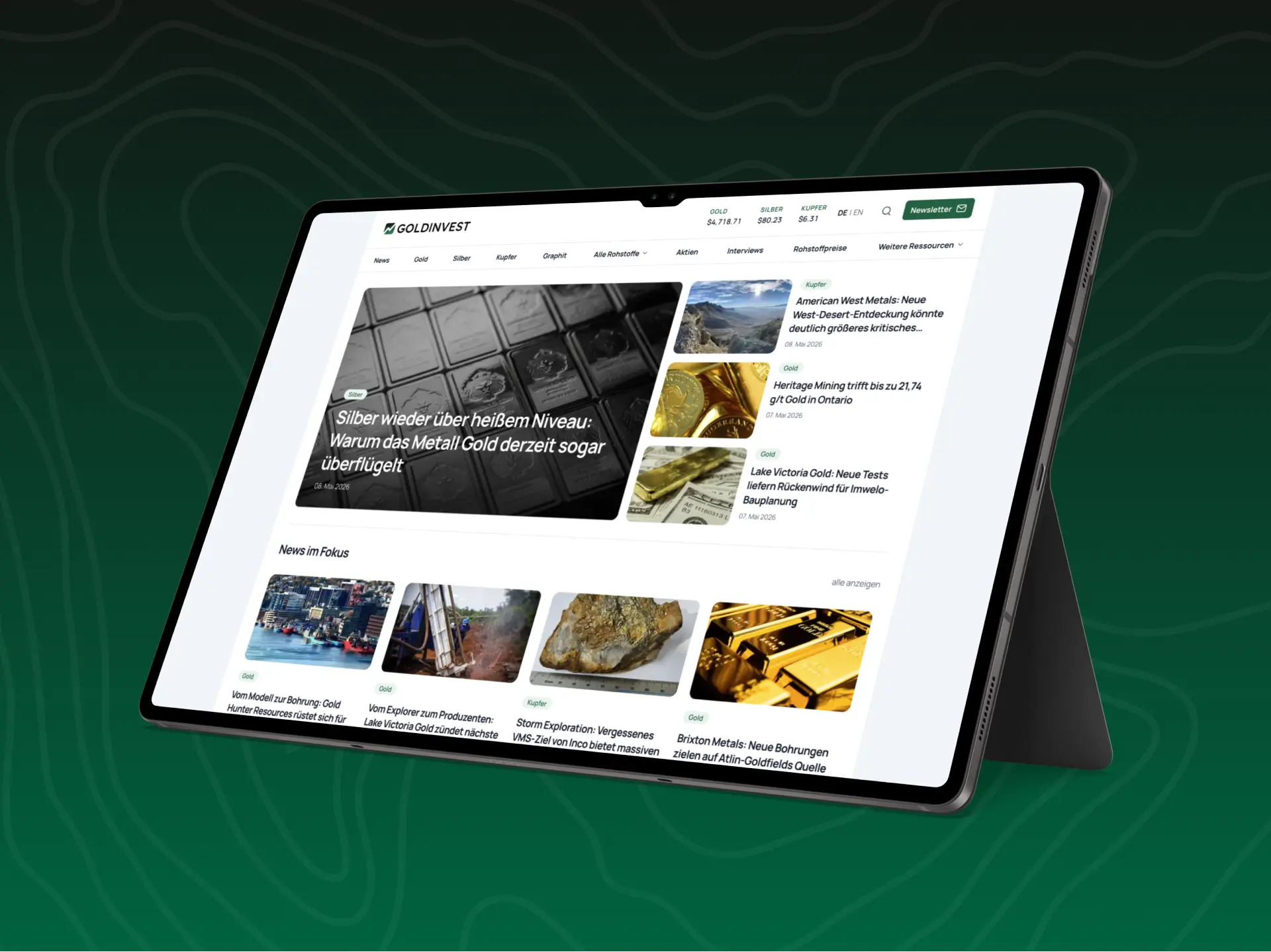 GOLDINVEST.de Newsportal auf einem Tablet